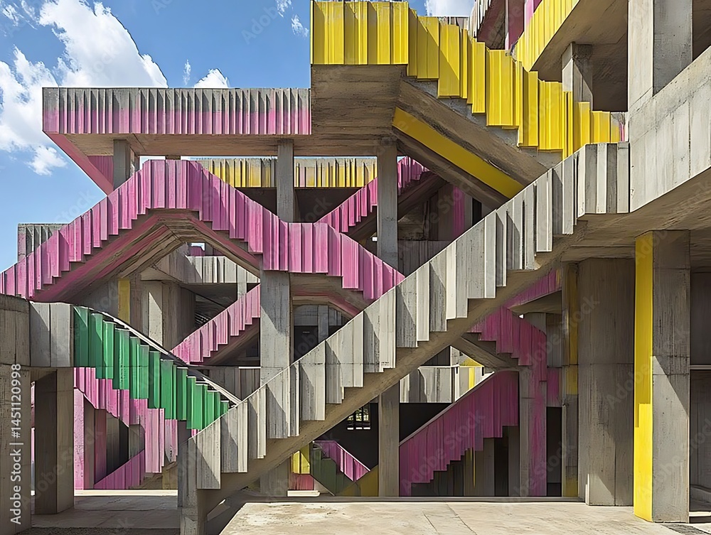 Fototapeta premium Abstract concrete stairway design with pink, green and yellow details