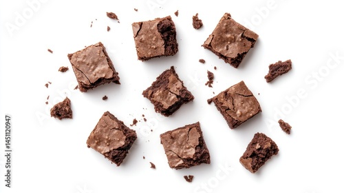 Delicious chocolate brownies, broken pieces scattered on white background.