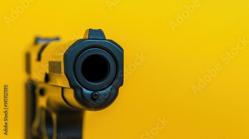 Close-up of gun barrel against yellow background.
