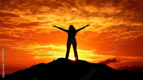 Silhouette of a woman with arms outstretched, standing on a hilltop at sunset.