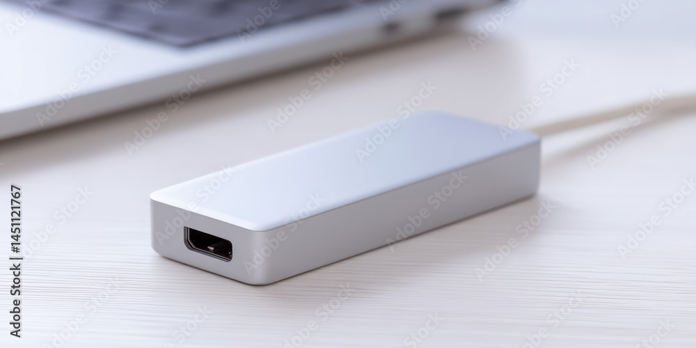 A metallic rectangular adapter is placed on a desk next to a laptop. Technology, connectivity, modern workspace