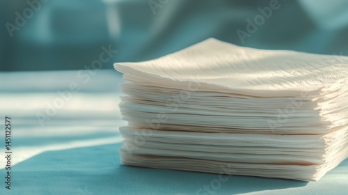 Stack of white paper napkins on a blue surface.