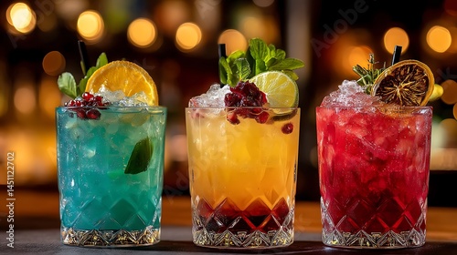 Vibrant cocktails garnished with citrus at dim bar