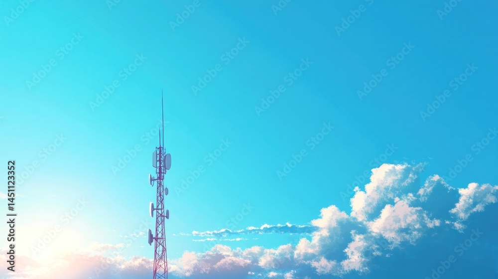 Obraz premium Telecommunication tower against a vibrant blue sky with fluffy clouds.