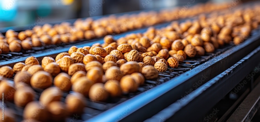 Peanut Processing: A Close-Up View of Peanuts on a Conveyor Belt in a Factory Peanut Processing: A Close-Up View of Peanuts on a Conveyor Belt in a Factory