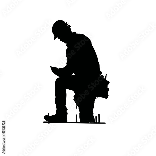 Solid black silhouette of a builder constructing, vector EPS