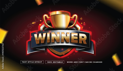 Text effect editable vector graphic of the winner with gold trophy, perfect for movie title, poster title, banner title, winner announcement etc.