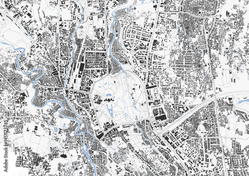 Zoomed vector map of Bogor, Indonesia, highlighting highways, buildings, and waterways. Detailed design, perfect for urban planning, infrastructure analysis, and educational purposes.