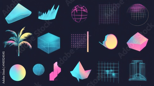 Retro futuristic geometric shapes, 3D objects, and graphic elements collection.