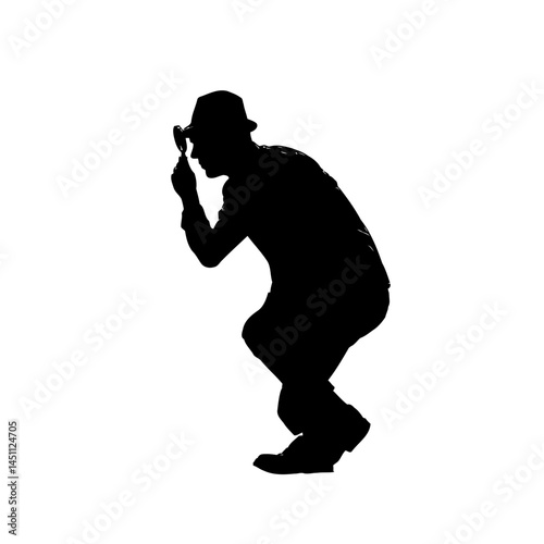 Solid black silhouette of a detective investigating, vector EPS