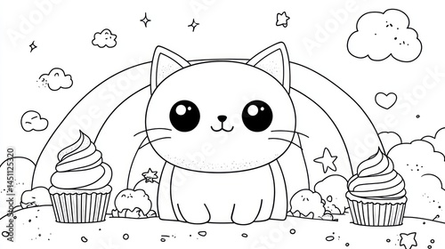 Cute cartoon cat coloring page with rainbow and cupcakes. Fluffy, big-eyed cat sits under rainbow, surrounded by cupcakes with whipped cream and stars.  Clouds and stars add to the whimsical scene
