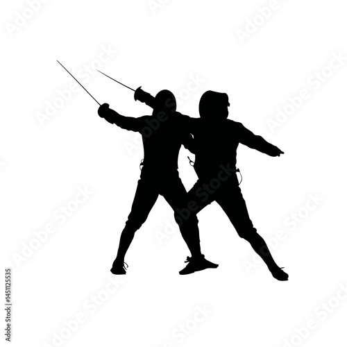 Solid black silhouette of a fencer dueling, vector EPS