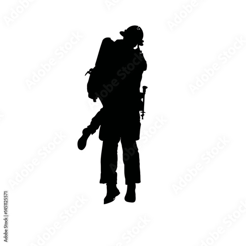 Solid black silhouette of a firefighter rescuing, vector EPS