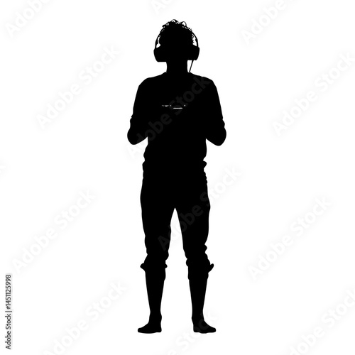 Solid black silhouette of a gamer playing, vector EPS