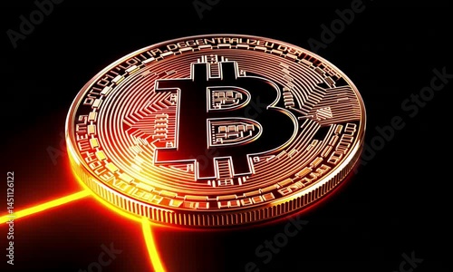 Glowing bitcoin cryptocurrency spinning with dynamic neon light trail