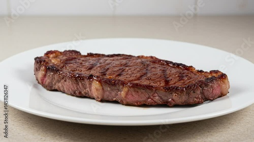 Juicy grilled steak served on a ceramic plate over a light, neutral background. Perfectly cooked beef with grill marks and a tender texture. Ideal for food blogs, restaurant menus, and culinary.