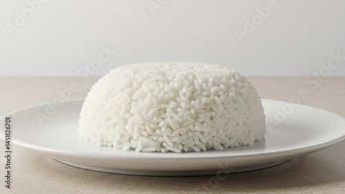 Appetizing portion of white rice served on a ceramic plate over a light, neutral background. Minimalist food composition, ideal for nutrition content, restaurant menus, healthy eating concepts