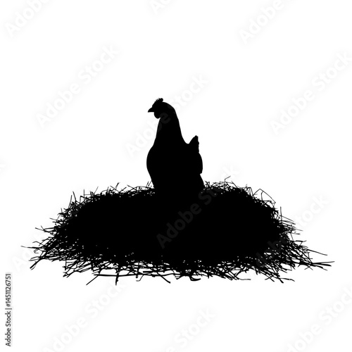 Solid black silhouette of a hen nesting, vector EPS