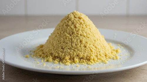 Traditional Brazilian farofa served on a ceramic plate over a light, neutral background. Crispy, golden cassava flour mixture with visible texture. Perfect for food-related content