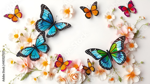 Vibrant butterflies flit about a delicate floral frame with intricate details and soft pastel hues surrounding the flowers, set against a clean white background , home decor, butterflies