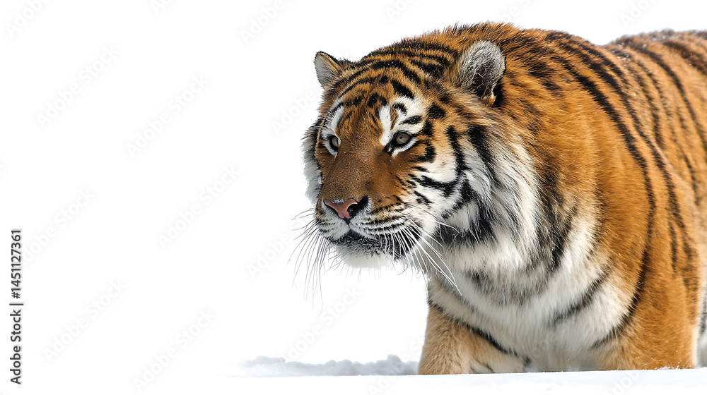 Fototapeta premium Majestic tiger prowling through a snowy landscape, showcasing its powerful physique and keen gaze