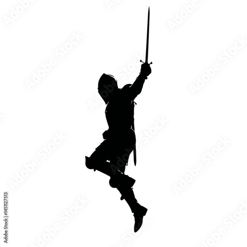 Solid black silhouette of a knight fighting, vector EPS