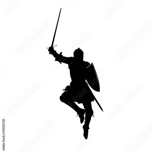 Solid black silhouette of a knight fighting, vector EPS