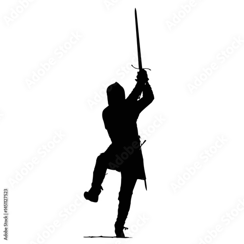 Solid black silhouette of a knight fighting, vector EPS