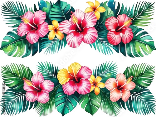 Tropical Watercolor Floral Border with Pink Hibiscus