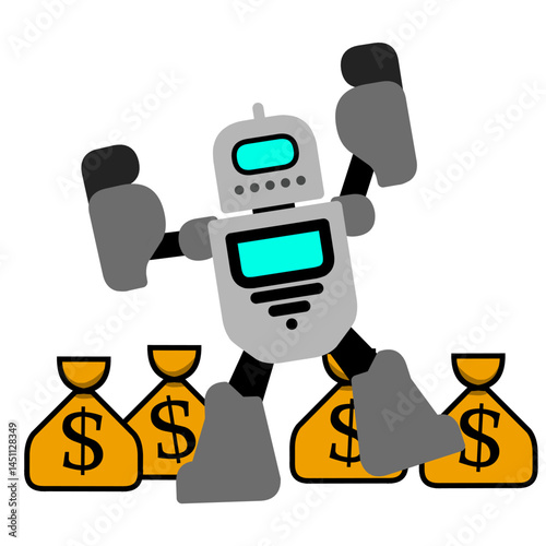 Excited Robot Celebrating Financial Success with Money Bags. illustration of a gray cartoon robot character design with a dollar symbol money bag, illustration of financial success and achievement
