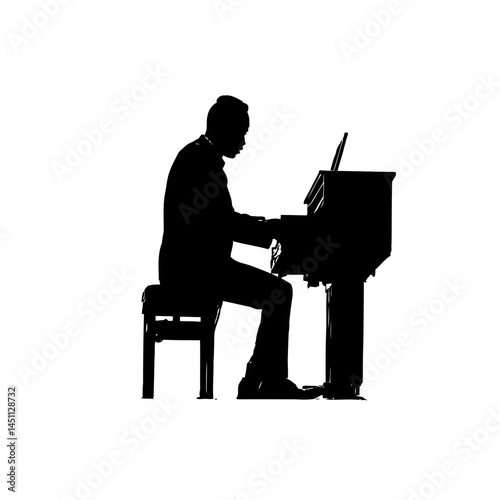 Solid black silhouette of a pianist performing, vector EPS