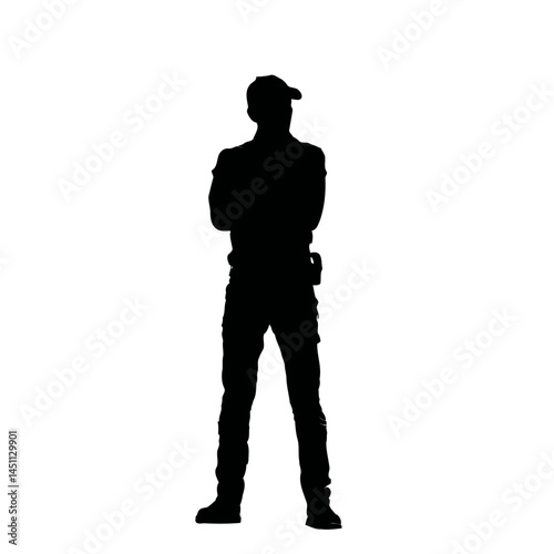 Solid black silhouette of a security guard alert, vector EPS