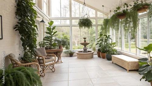 Indoor garden room with plants fountain and wicker furniture view