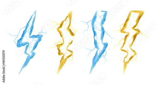 set of blue, yellow, Elegant Glowing Lightning Bolts on Transparency Generative AI	