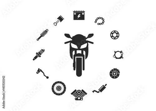 Motorbike, motorcycle race and spare parts vector icons stock illustration