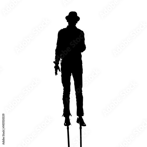 Solid black silhouette of a stilt walker towering, vector EPS