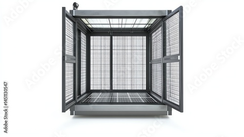 Open metal cage with grid design on a white isolated background.