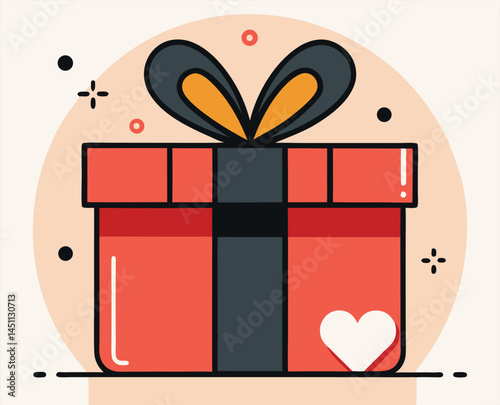 Red gift box features a sleek dark bow and white heart shape detail