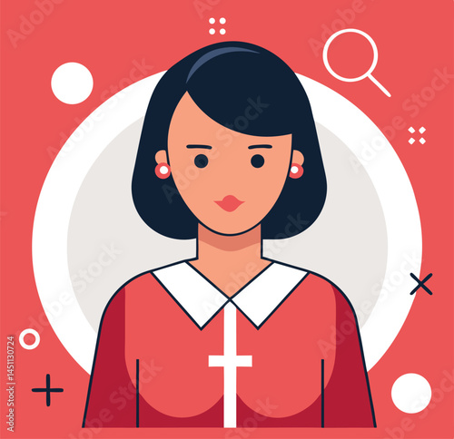 Front facing cartoon woman with geometric shapes against a red backdrop gives simple feel