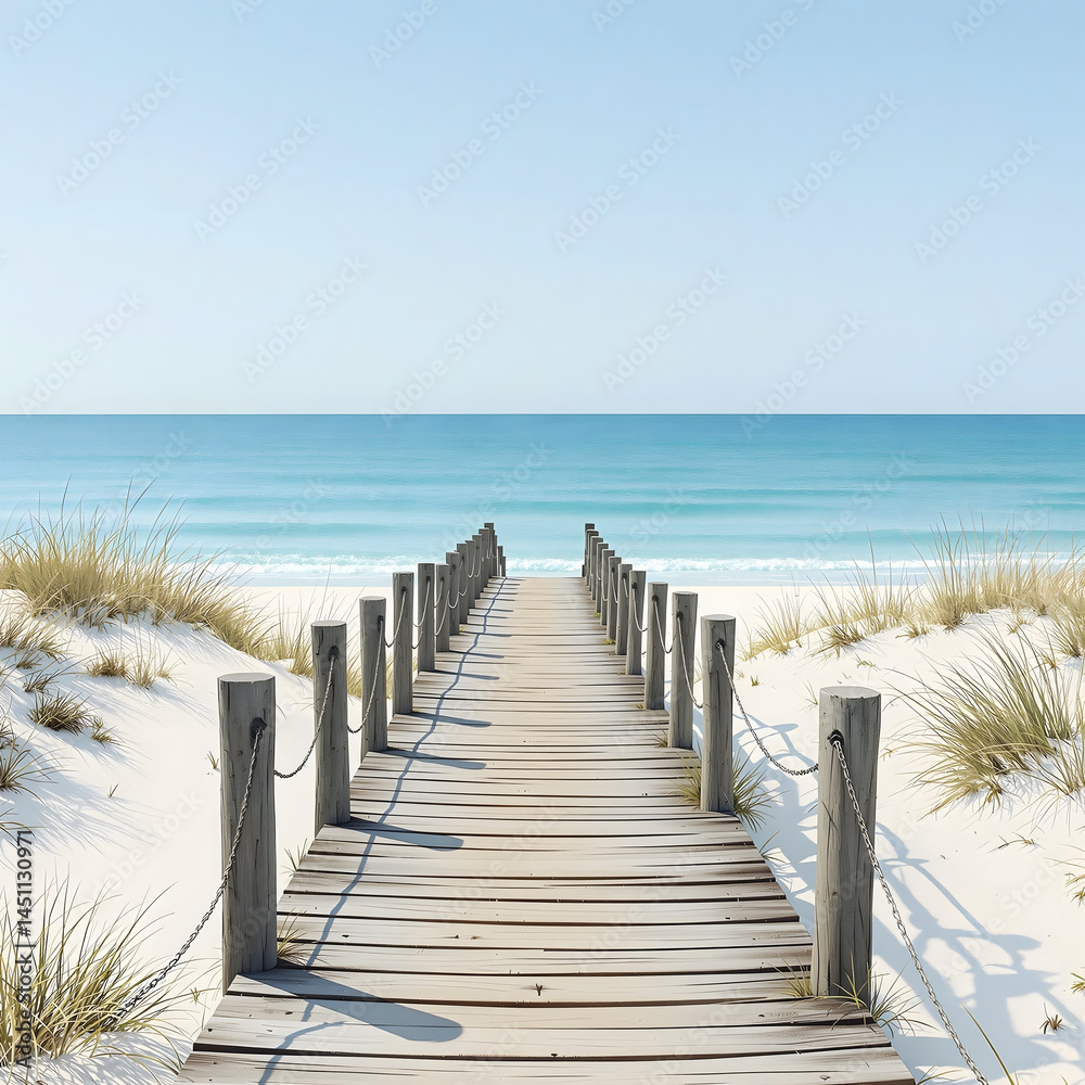 Fototapeta premium Serene Beach Path Wooden Walkway to Turquoise Ocean