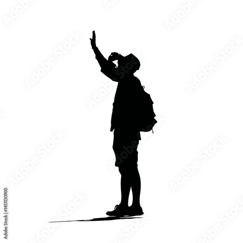 Solid black silhouette of a tourist sightseeing, vector EPS