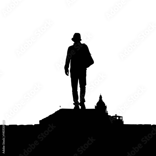 Solid black silhouette of a tourist sightseeing, vector EPS