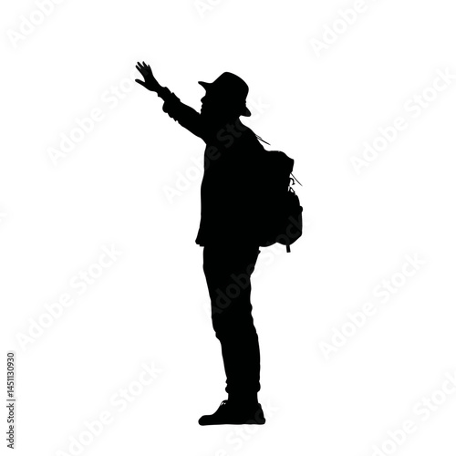 Solid black silhouette of a tourist sightseeing, vector EPS