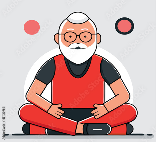 A whitebearded man with glasses sits crosslegged wearing red casual attire peacefully