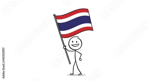 Cartoon stick figure waving the national flag of Thailand with joyful expression