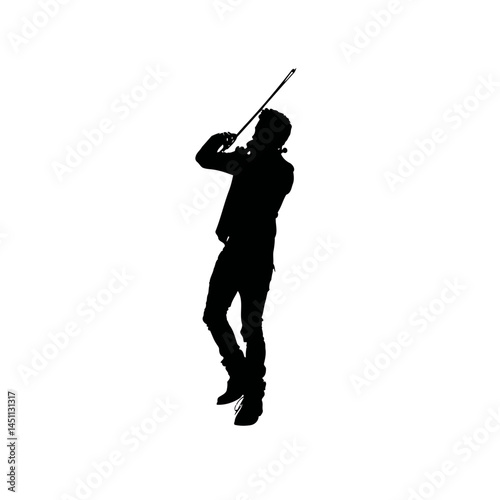 Solid black silhouette of a violinist bowing, vector EPS