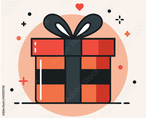 Red and orange gift box with a black ribbon and heart floats above