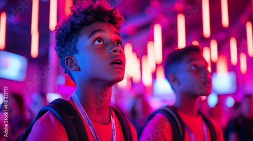 Two Boys Gaze Upward in Awe at Colorful Lights