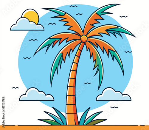 Palm tree stands tall beneath the sun and clouds on a bright day