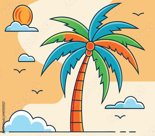 Cartoon palm tree against orange sky features sun, birds, and playful cloud shapes